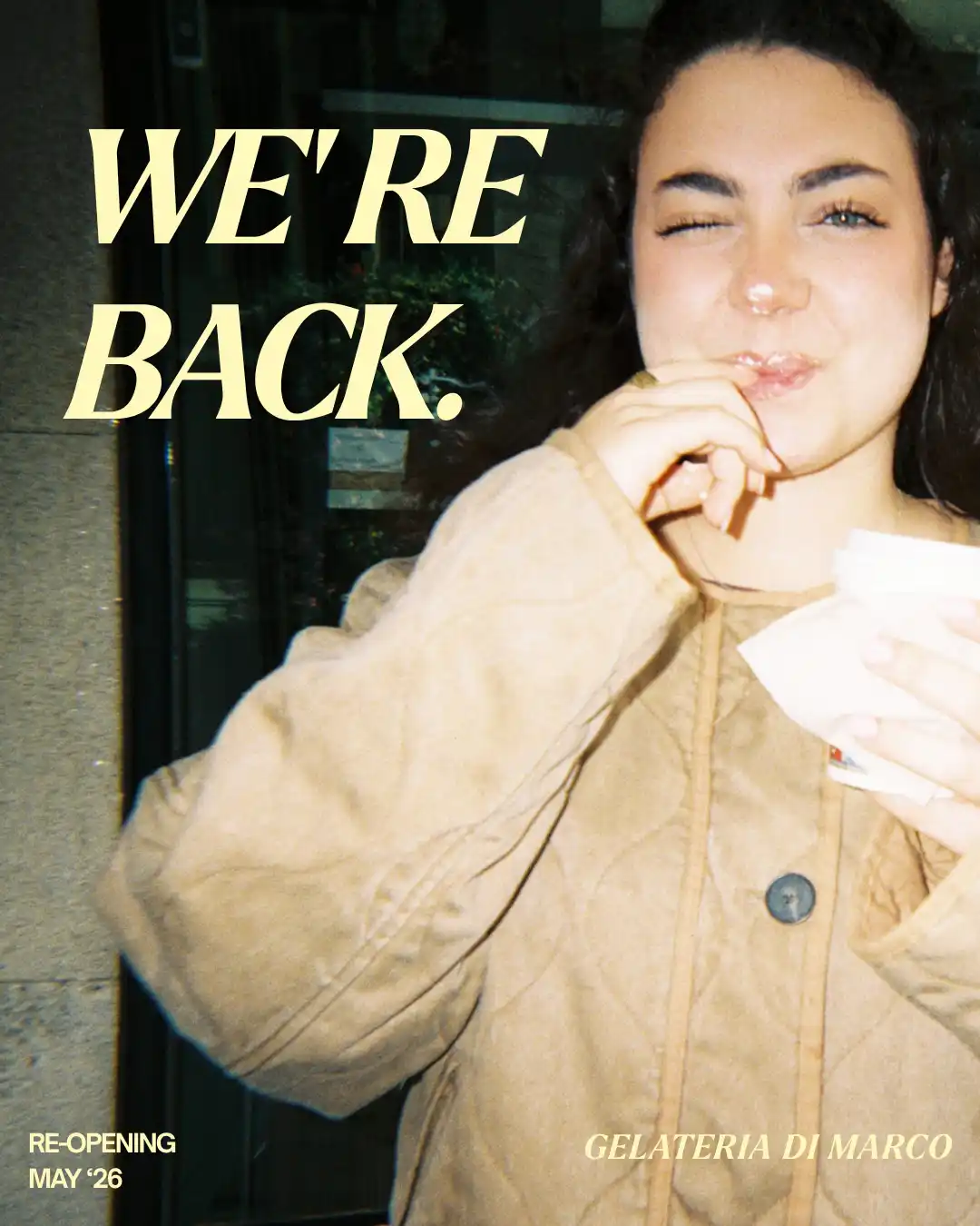 Social-Ad-Creative: We're back – Re-Opening der Gelateria di Marco im Mai '26