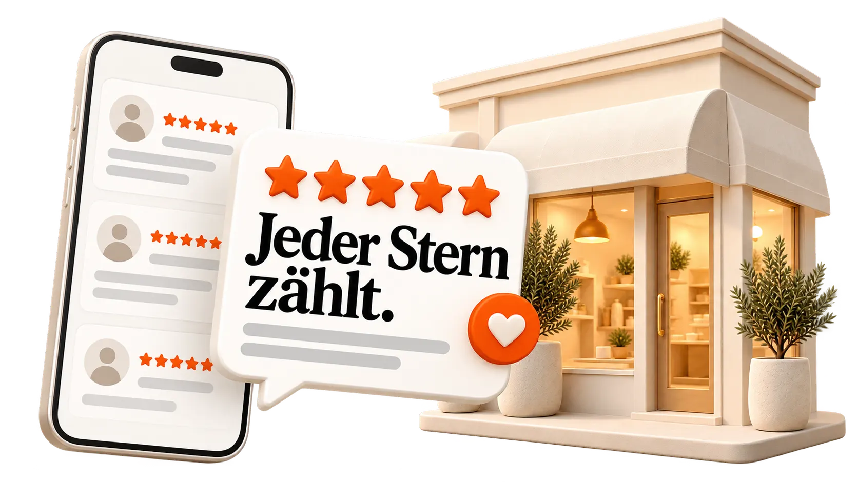 Illustration: Smartphone mit Bewertungen neben einem Ladengeschäft – jeder Stern zählt