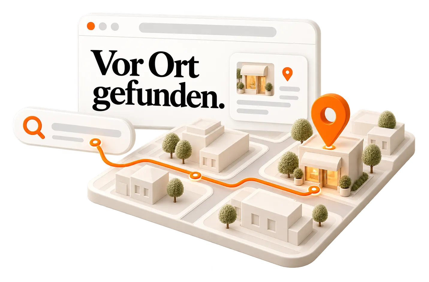 Illustration: Suche, Website und Stadtplan mit Pin – vor Ort gefunden