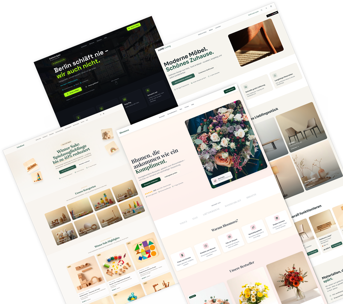 Collage mehrerer gestalteter Landingpages und Online-Shops